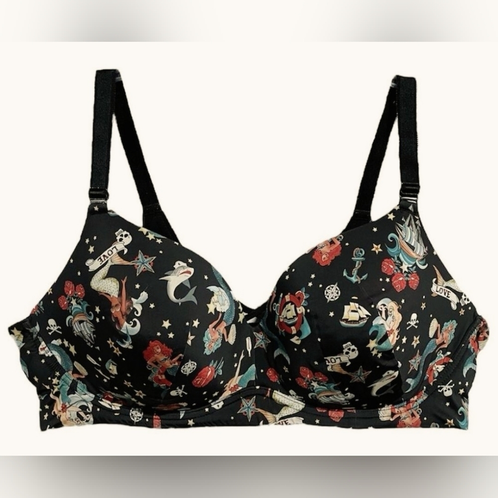 Torrid Mermaid Pirate Tattoo 360 Back Smoothing Wire Free Push Up Plunge Bra 46C